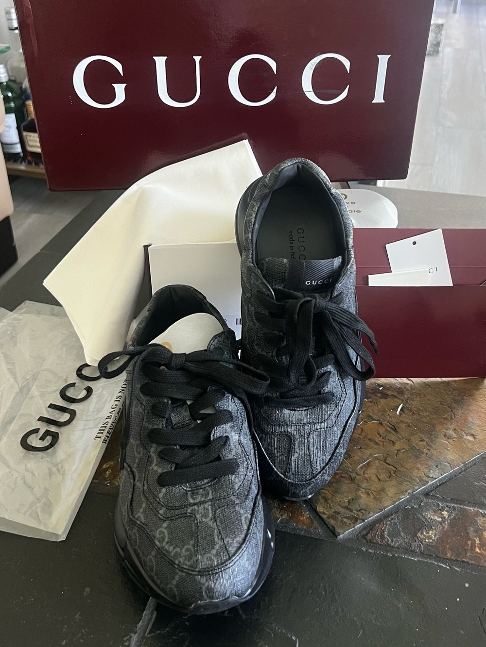 Gucci Men's Black and Gray Monogram Runner Sneakers